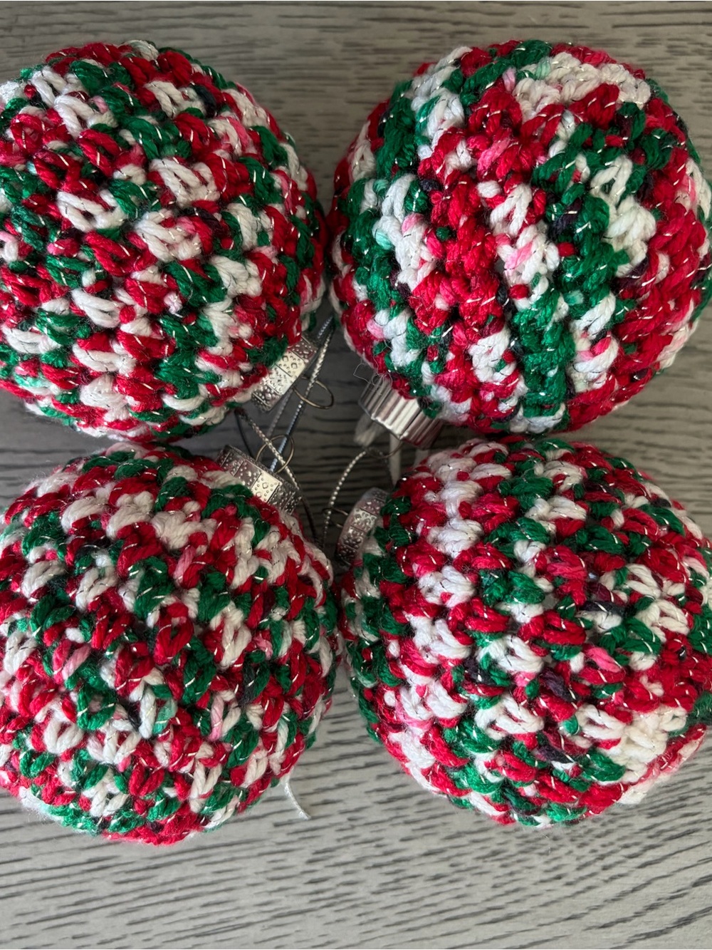 Handmade Red Green White Crochet Holiday Ornaments - Pack of 4